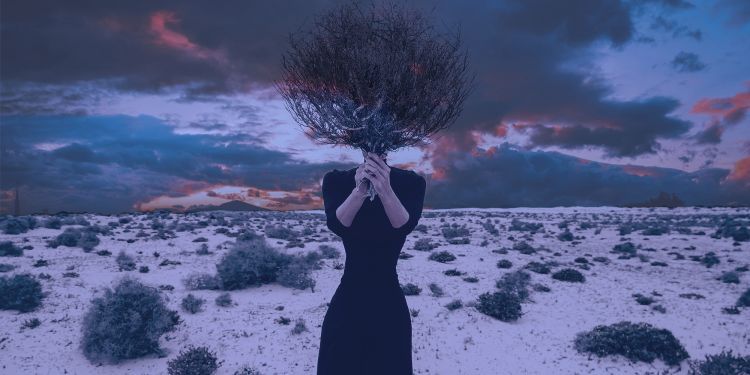 Woman stood in desert with tree branches covering her face