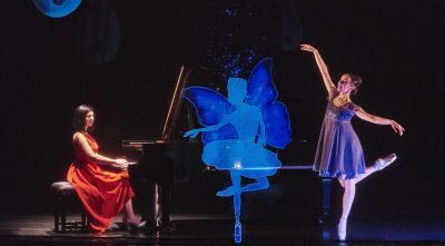 A performance of The Nutcracker and I, featuring Alexandra Dariescu at the piano with a ballerina and digital animation